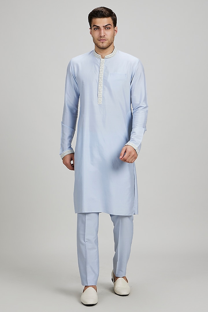 Ash Blue Cotton Silk Printed Kurta Set by Bubber Couture at Pernia's Pop Up Shop