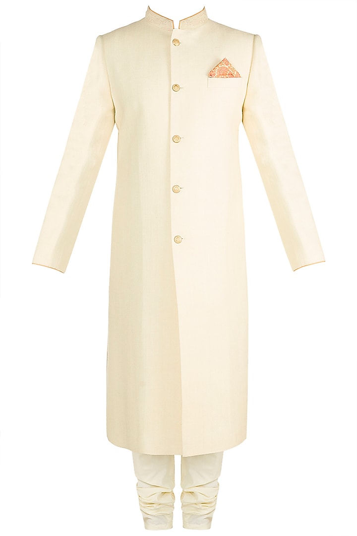 Beige Silk Lucknowi Sherwani For Boys by Bubber Couture - Kids