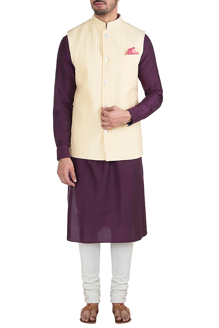 Yellow Pintucked Bundi Jacket For Boys by Bubber Couture - Kids at Pernia's Pop Up Shop