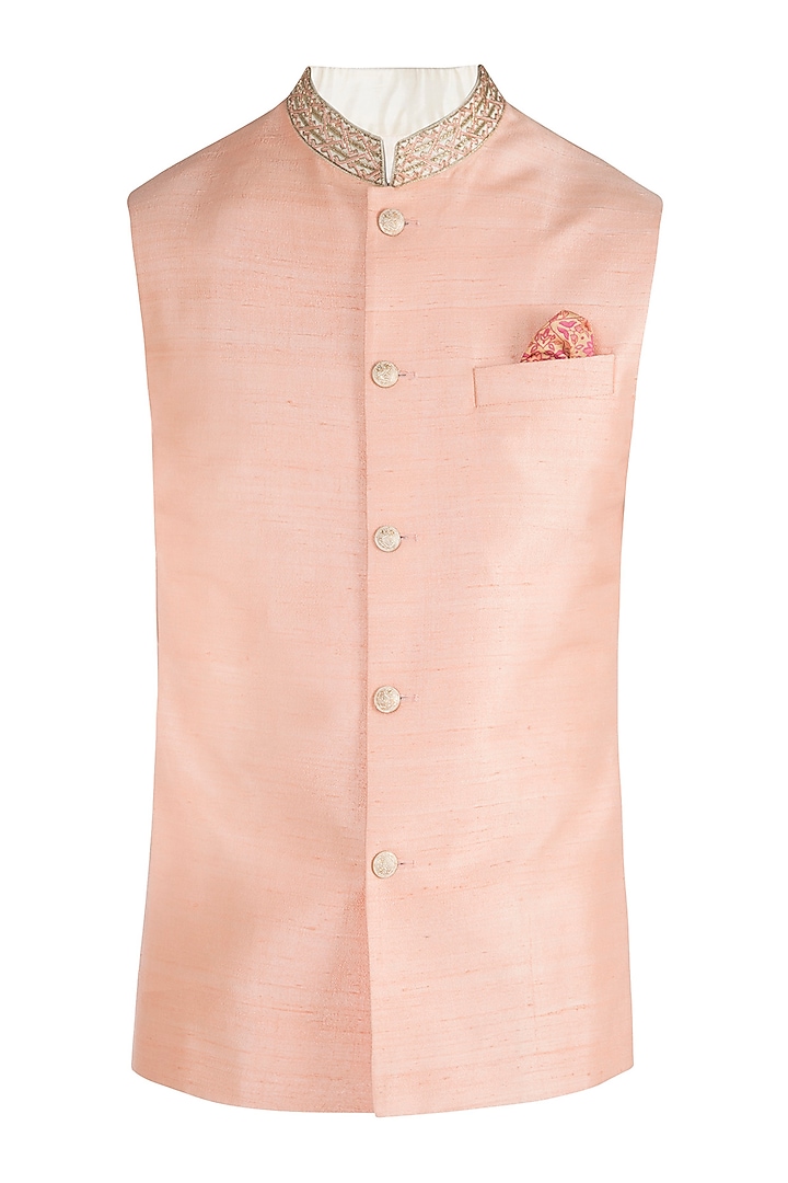 Peach Embroidered Bundi Jacket For Boys by Bubber Couture - Kids
