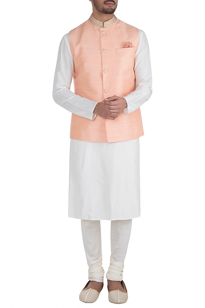 Peach Embroidered Bundi Jacket For Boys by Bubber Couture - Kids at Pernia's Pop Up Shop