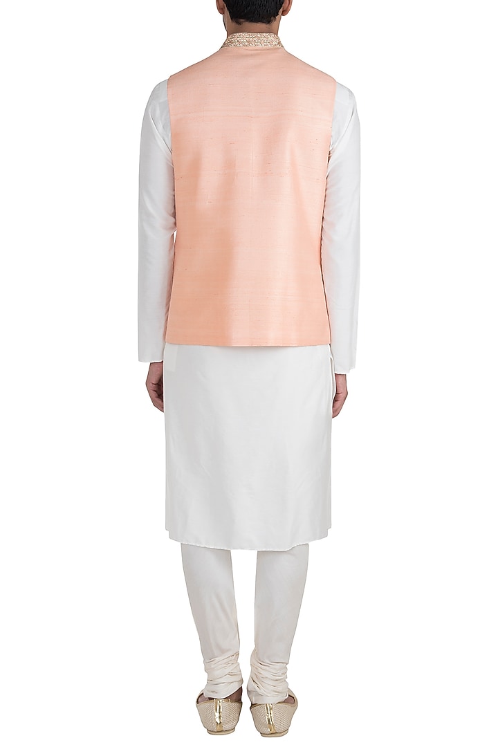 Peach Embroidered Bundi Jacket For Boys by Bubber Couture - Kids at Pernia's Pop Up Shop