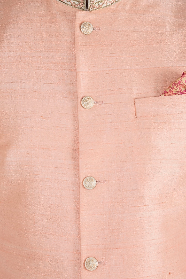 Peach Embroidered Bundi Jacket For Boys by Bubber Couture - Kids at Pernia's Pop Up Shop