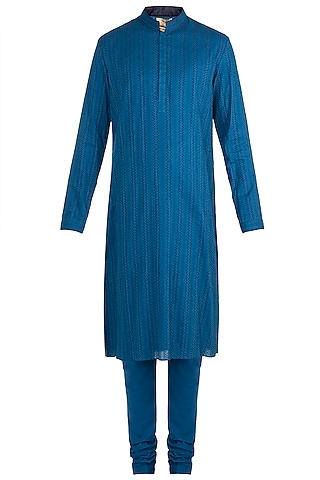 Blue Embroidered Kurta Set For Boys by Bubber Couture - Kids
