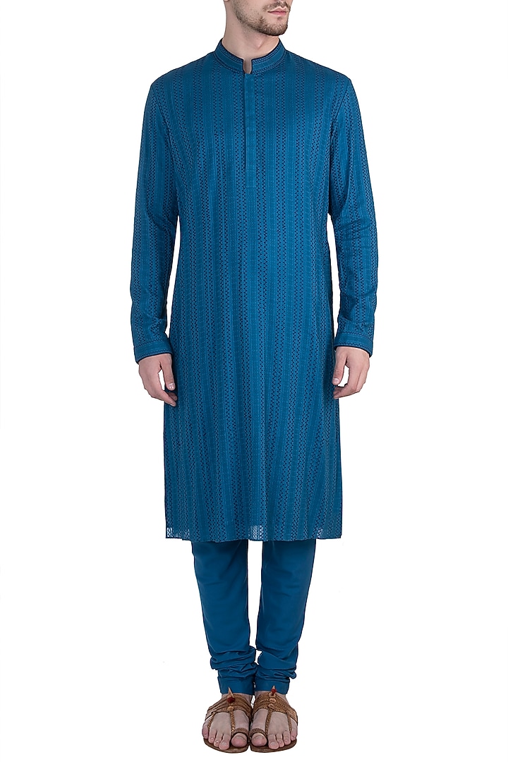 Blue Embroidered Kurta Set For Boys by Bubber Couture - Kids at Pernia's Pop Up Shop