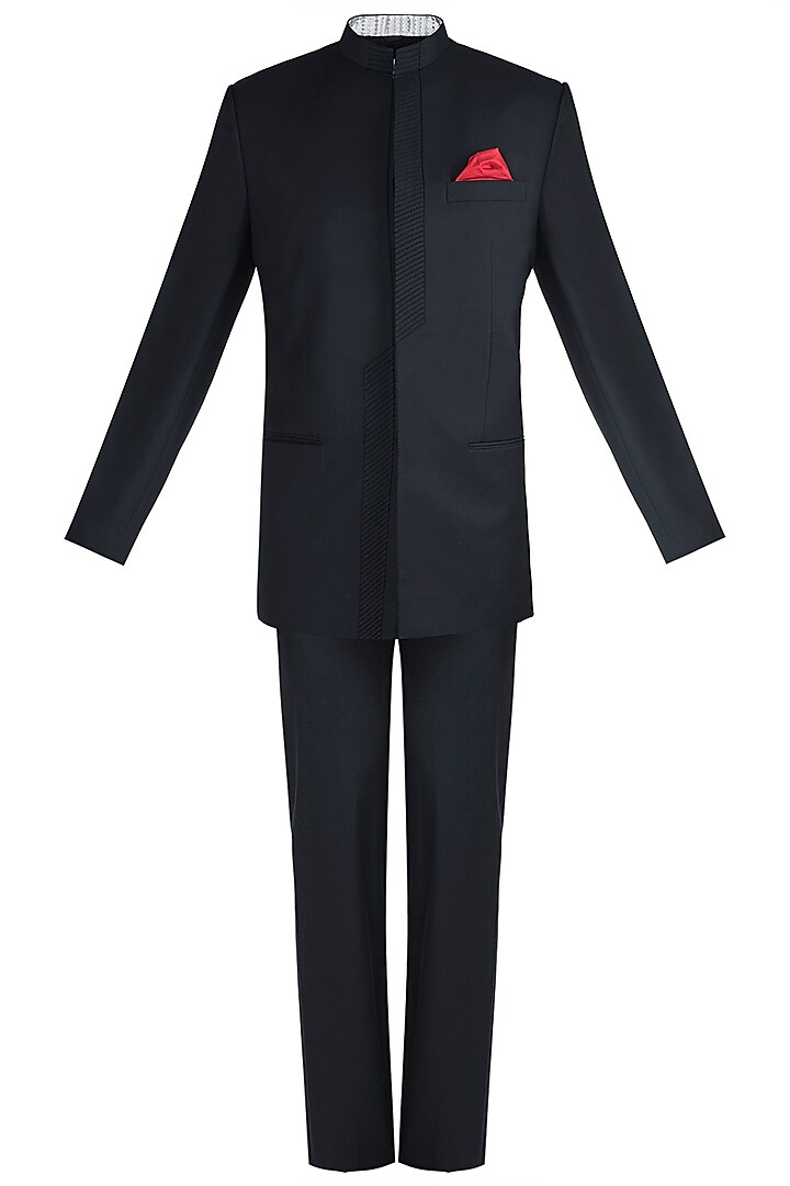 Black Textured Bandhgala Jacket Set For Boys by Bubber Couture - Kids