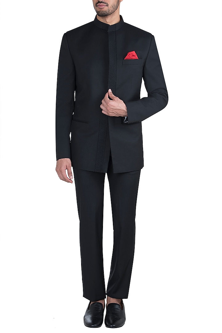 Black Textured Bandhgala Jacket Set For Boys by Bubber Couture - Kids at Pernia's Pop Up Shop