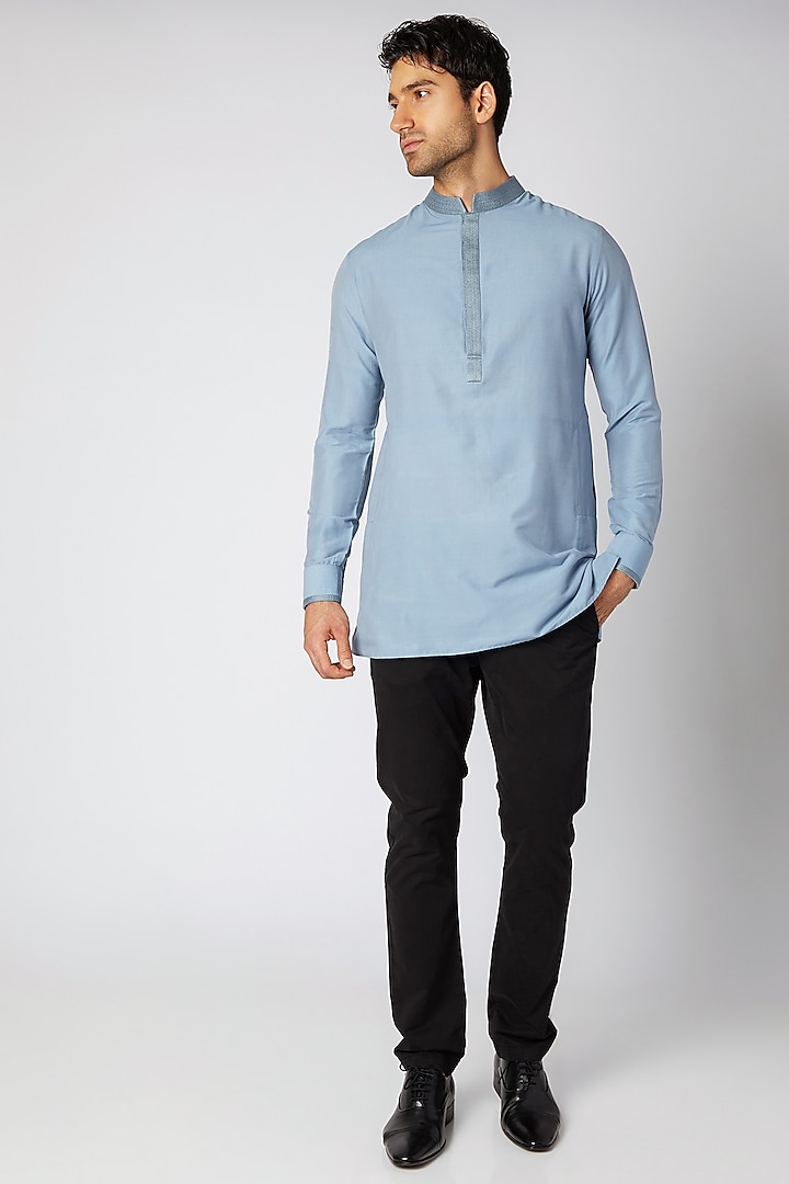 Sky Blue Embroidered Shirt Kurta For Boys by Bubber Couture - Kids