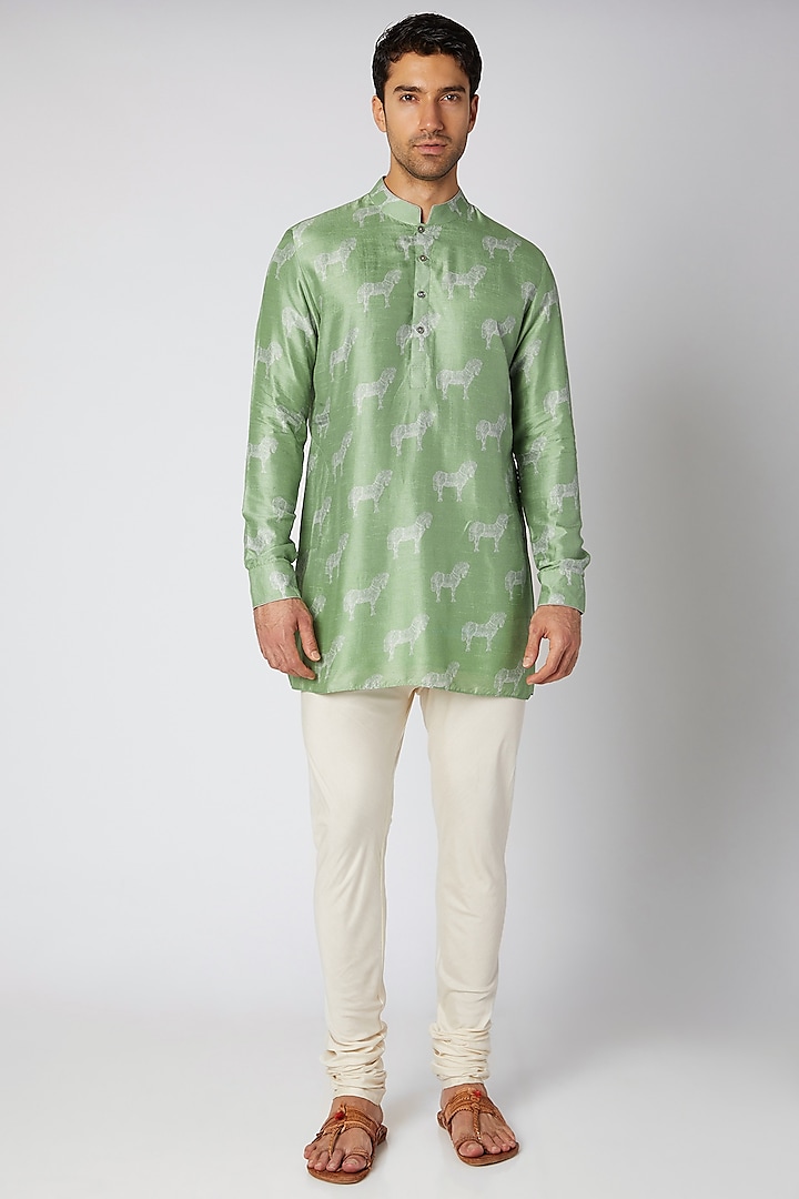Olive Green Printed Shirt Kurta For Boys by Bubber Couture - Kids