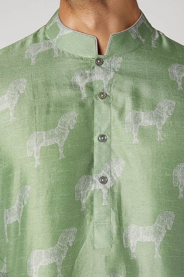 Olive Green Printed Shirt Kurta For Boys by Bubber Couture - Kids at Pernia's Pop Up Shop