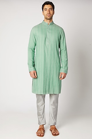 Green Striped Kurta With Grey Pants For Boys by Bubber Couture - Kids