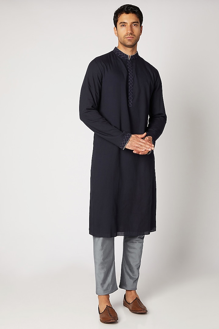 Navy Blue Blue Dobby Silk Kurta Set For Boys by Bubber Couture - Kids