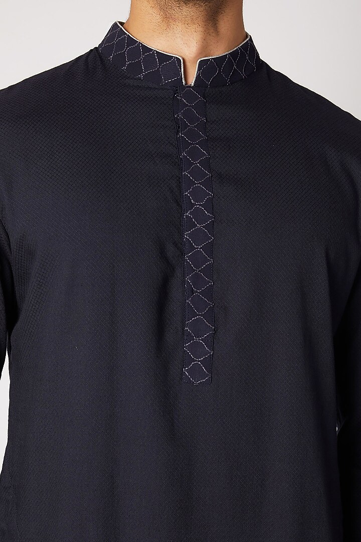 Navy Blue Blue Dobby Silk Kurta Set For Boys by Bubber Couture - Kids at Pernia's Pop Up Shop