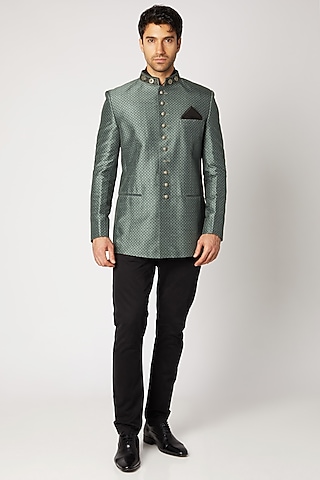 Grey Embroidered & Printed Bandhgala Jacket For Boys by Bubber Couture - Kids