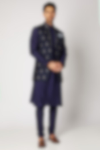 Navy Blue Embroidered Bundi Jacket For Boys by Bubber Couture - Kids