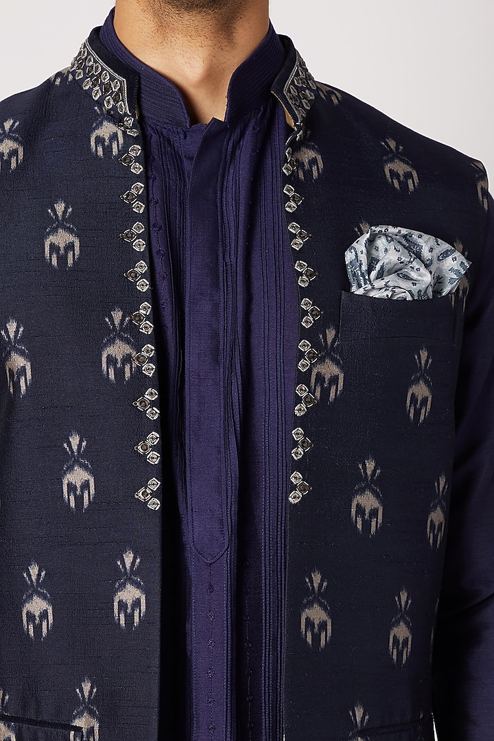 Navy Blue Embroidered Bundi Jacket For Boys by Bubber Couture - Kids at Pernia's Pop Up Shop