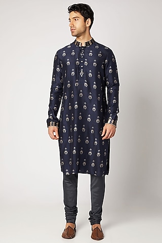 Prussian Blue Embroidered & Printed Kurta Set For Boys by Bubber Couture - Kids