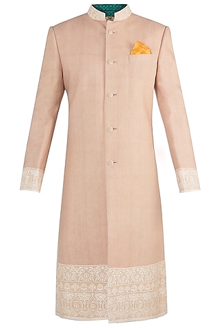 Beige Embroidered Sherwani For Boys by Bubber Couture - Kids