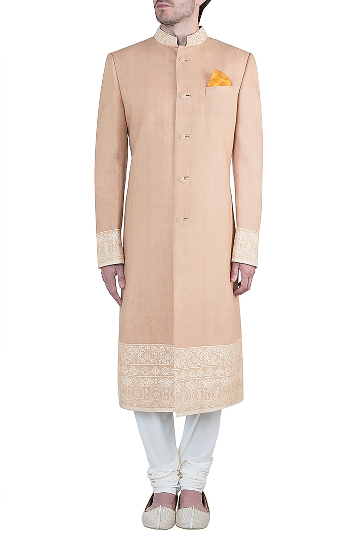 Beige Embroidered Sherwani For Boys by Bubber Couture - Kids at Pernia's Pop Up Shop