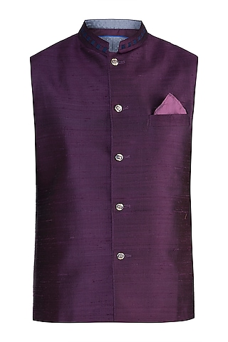 Wine & Blue Raw Silk Bundi Jacket For Boys by Bubber Couture - Kids