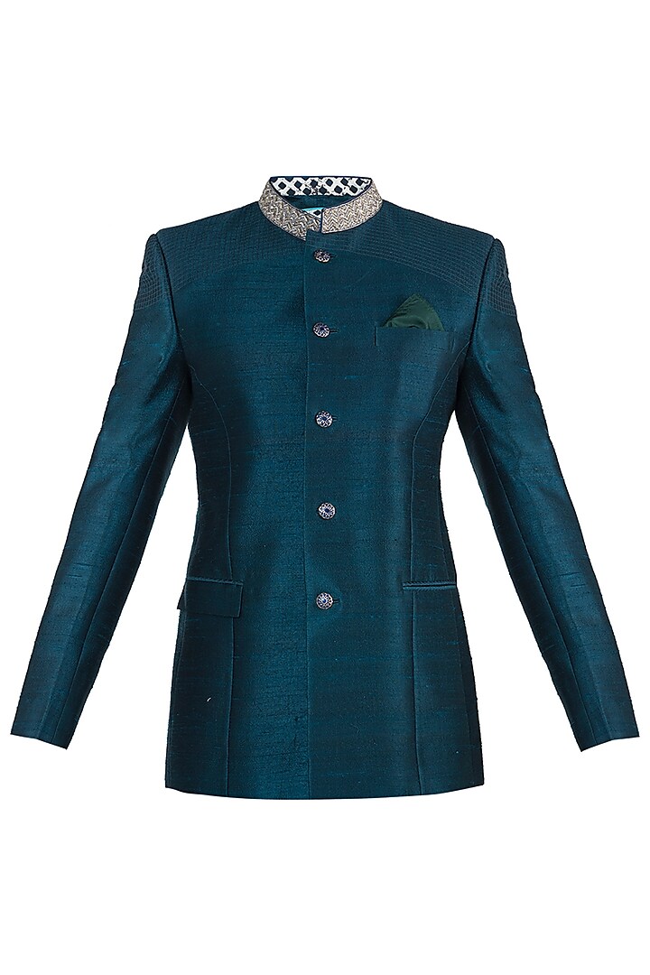 Peacock Green Embroidered Bandhgala Jacket For Boys by Bubber Couture - Kids