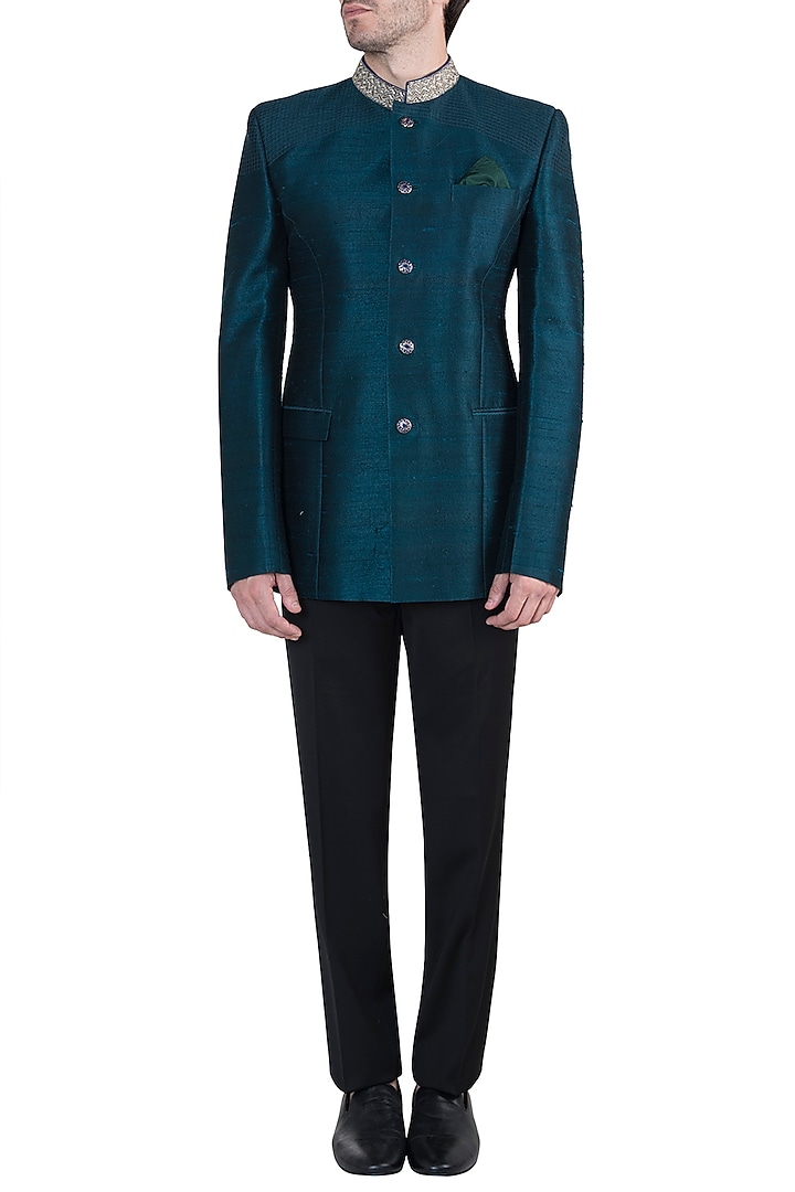 Peacock Green Embroidered Bandhgala Jacket For Boys by Bubber Couture - Kids at Pernia's Pop Up Shop