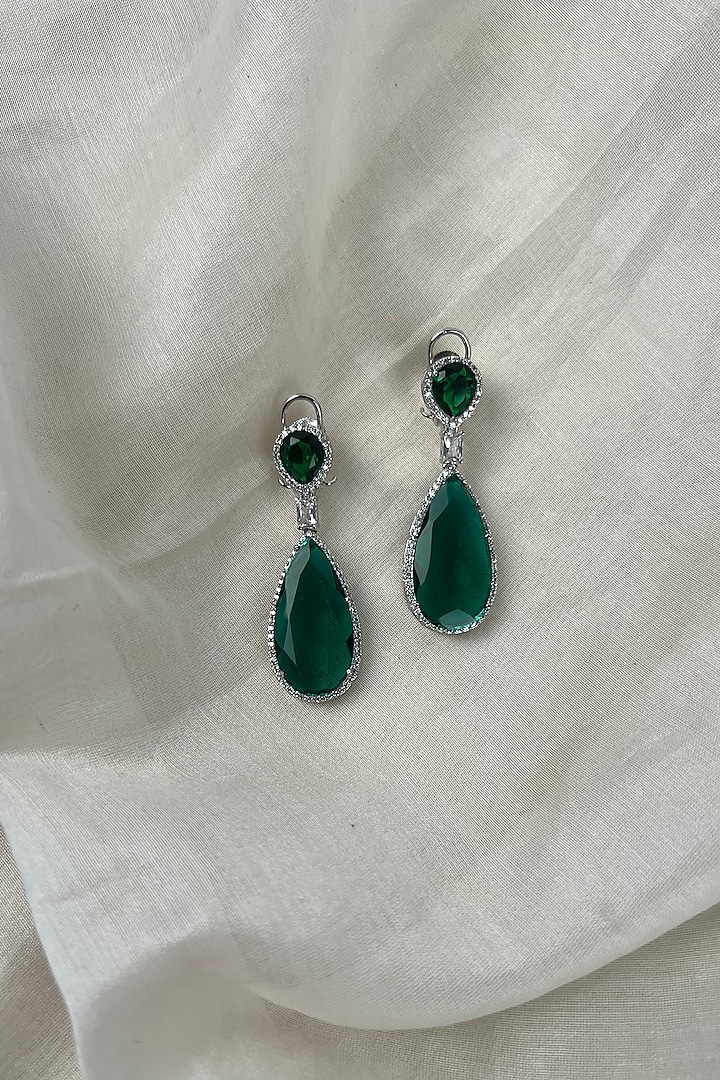 White Rhodium Finish Zirconia & Green Stone Dangler Earrings by Bubber Jewels