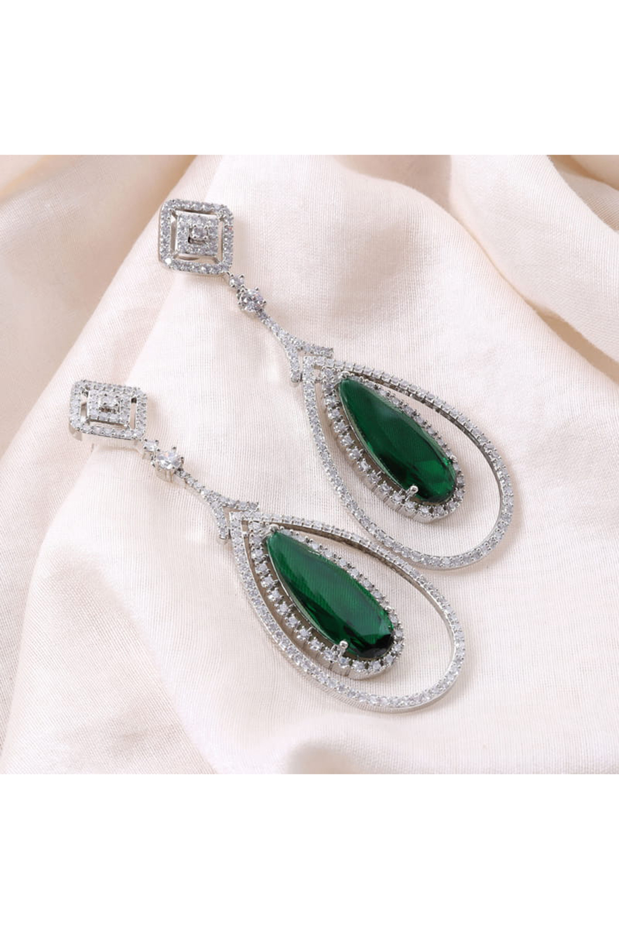 White Rhodium Finish Zirconia & Green Stone Dangler Earrings by Bubber Jewels at Pernia's Pop Up Shop