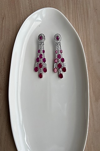 White Rhodium Finish Zirconia & Pink Stone Dangler Earrings by Bubber Jewels