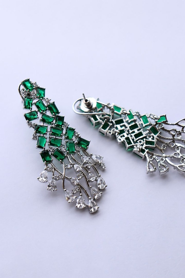 White Rhodium Finish Zirconia & Green Stones Dangler Earrings by Bubber Jewels