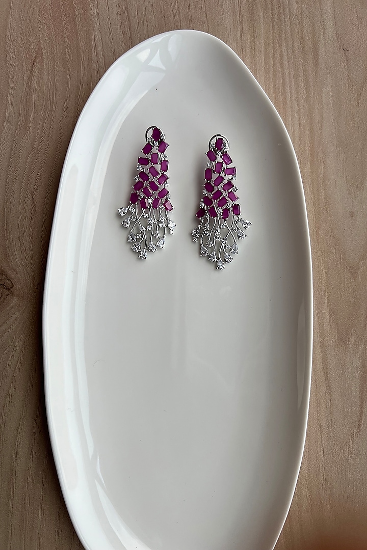 White Rhodium Finish Zirconia & Pink Stones Dangler Earrings by Bubber Jewels