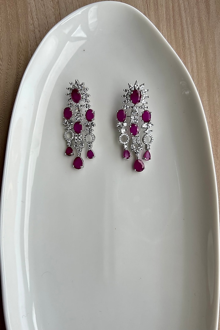 White Rhodium Finish Zirconia & Pink Stones Dangler Earrings by Bubber Jewels