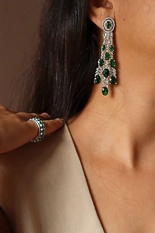 White Rhodium Finish Zirconia & Green Stones Dangler Earrings by Bubber Jewels