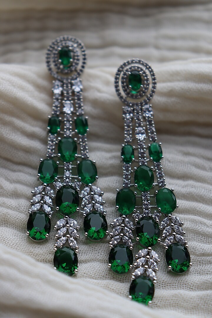 White Rhodium Finish Zirconia & Green Stones Dangler Earrings by Bubber Jewels at Pernia's Pop Up Shop