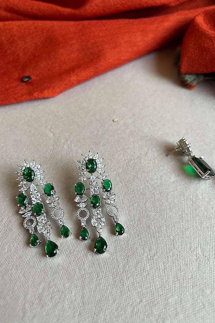 White Rhodium Finish Zirconia & Green Stones Dangler Earrings by Bubber Jewels
