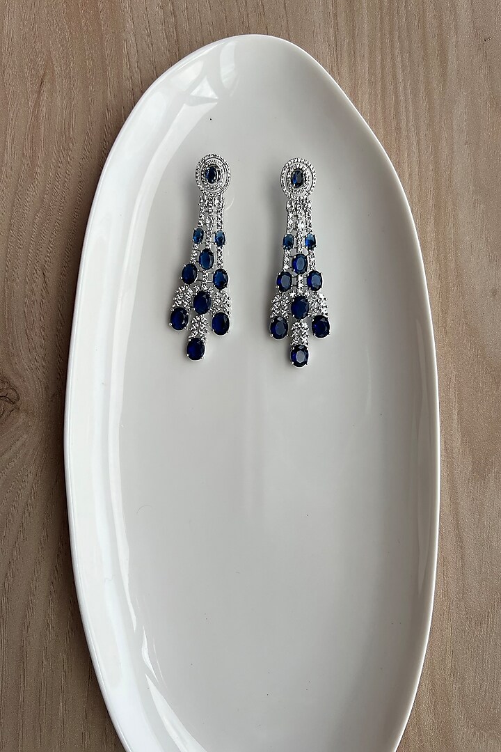 White Rhodium Finish Zirconia & Blue Stones Dangler Earrings by Bubber Jewels