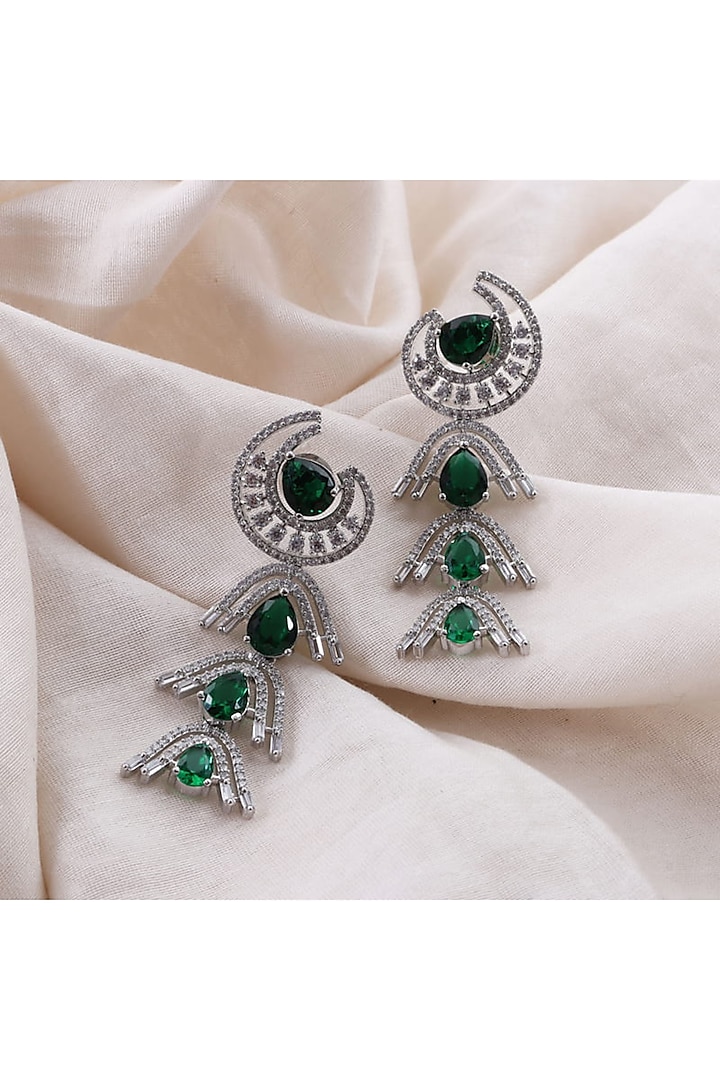White Rhodium Finish Zirconia & Green Stone Dangler Earrings by Bubber Jewels