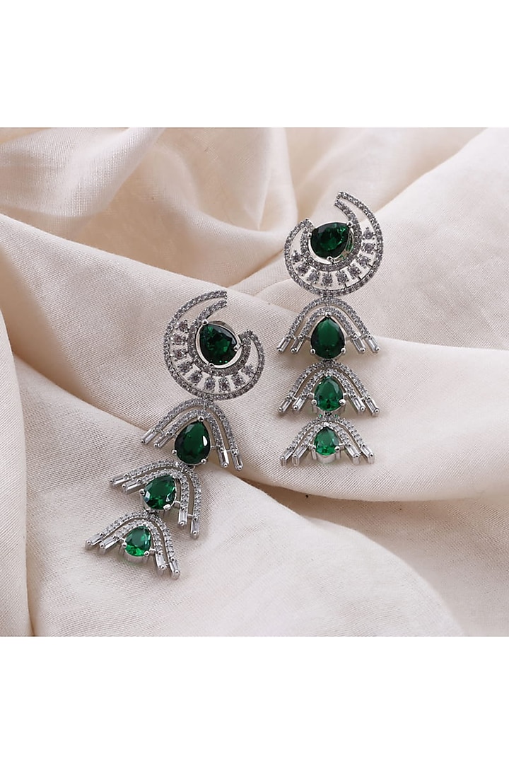 White Rhodium Finish Zirconia & Green Stone Dangler Earrings by Bubber Jewels at Pernia's Pop Up Shop