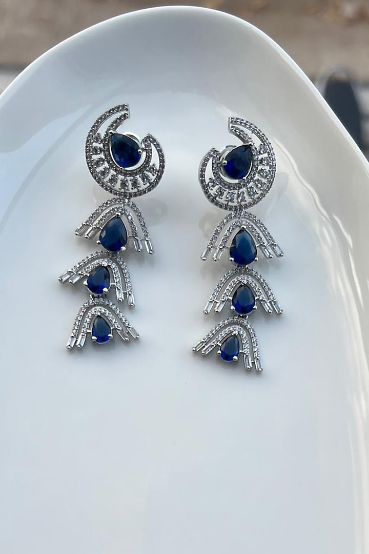 White Rhodium Finish Zirconia & Blue Stone Dangler Earrings by Bubber Jewels