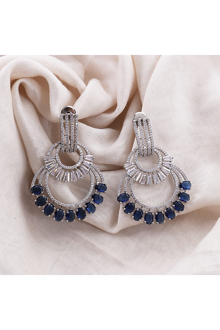 White Rhodium Finish Zirconia & Blue Stone Dangler Earrings by Bubber Jewels