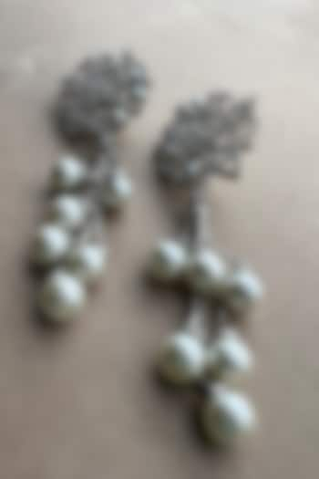 White Rhodium Finish Zirconia & Pearl Dangler Earrings by Bubber Jewels at Pernia's Pop Up Shop