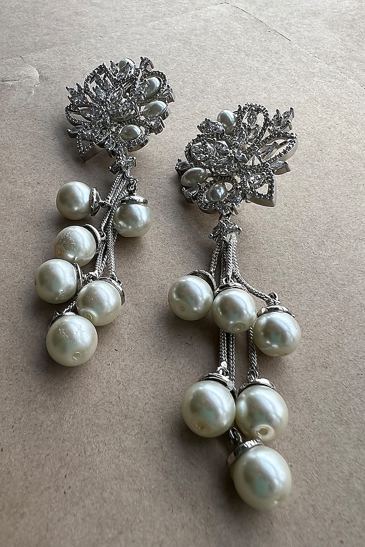 White Rhodium Finish Zirconia & Pearl Dangler Earrings by Bubber Jewels at Pernia's Pop Up Shop