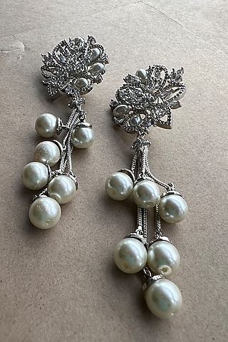 White Rhodium Finish Zirconia & Pearl Dangler Earrings by Bubber Jewels
