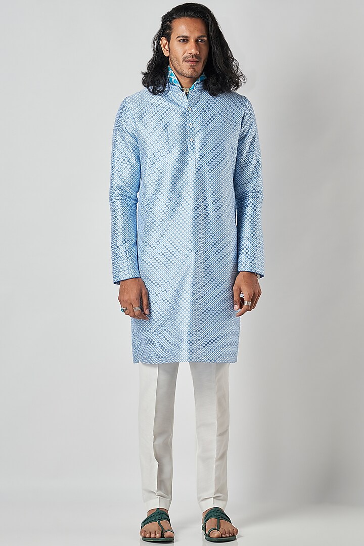 Powder Blue Poly Raw Silk Digital Printed Kurta by Bubber Blu at Pernia's Pop Up Shop