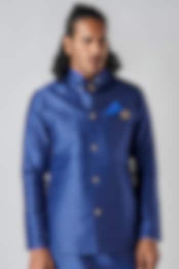 Navy Blue Poly Raw Silk Printed Bundi Jacket by Bubber Blu