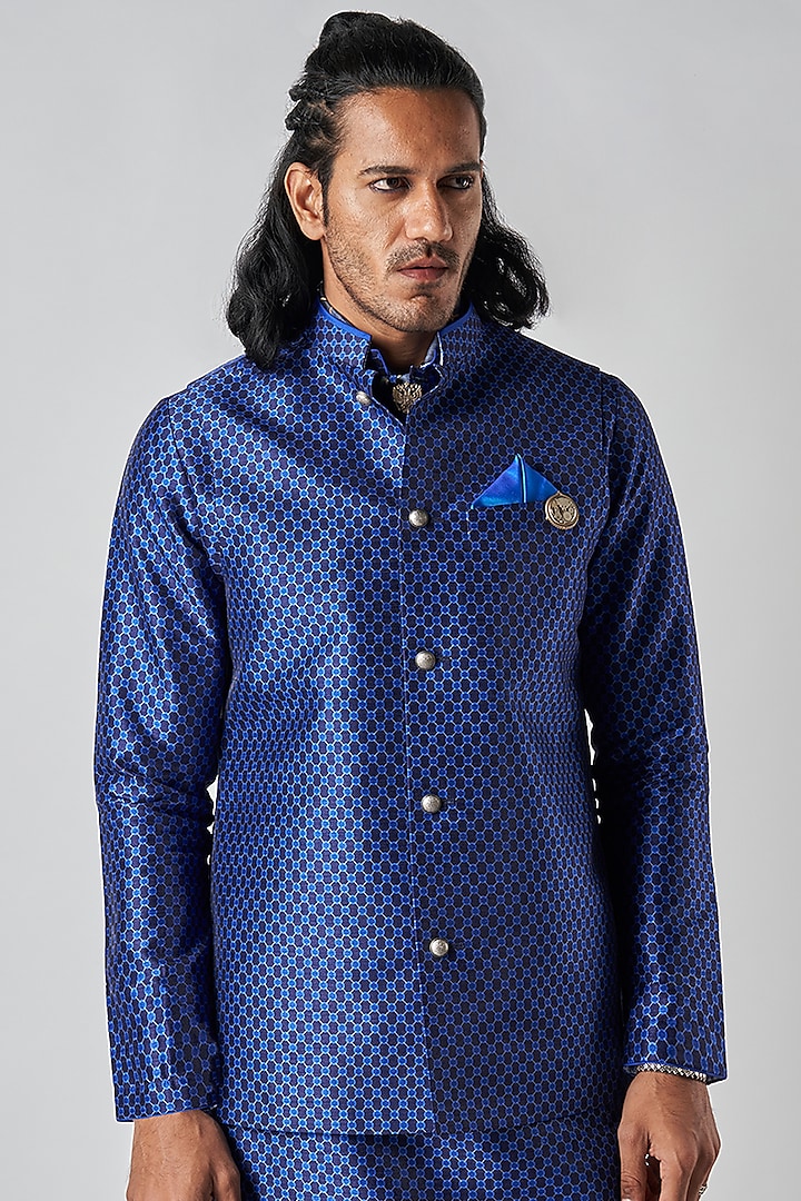 Navy Blue Poly Raw Silk Printed Bundi Jacket by Bubber Blu