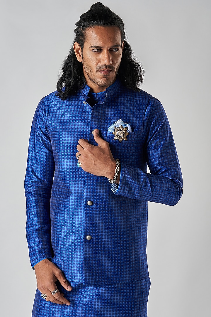 Indigo Poly Raw Silk Printed Bundi Jacket by Bubber Blu