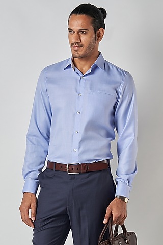 Powder Blue Poly Cotton Shirt by Bubber Blu