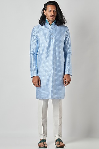 Blue Poly Raw Silk Kurta Set by Bubber Blu