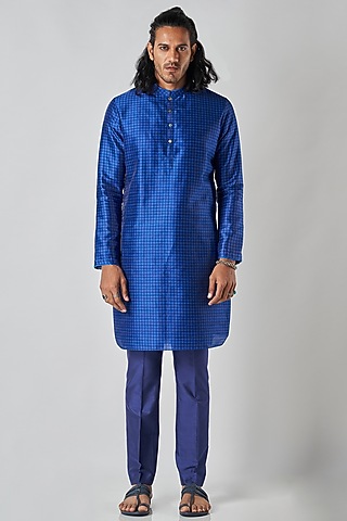 Indigo Poly Raw Silk Kurta Set by Bubber Blu